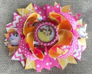 Pink Yellow Princess Belle Bottle Cap Hair Bow 5" - Picture 1 of 1