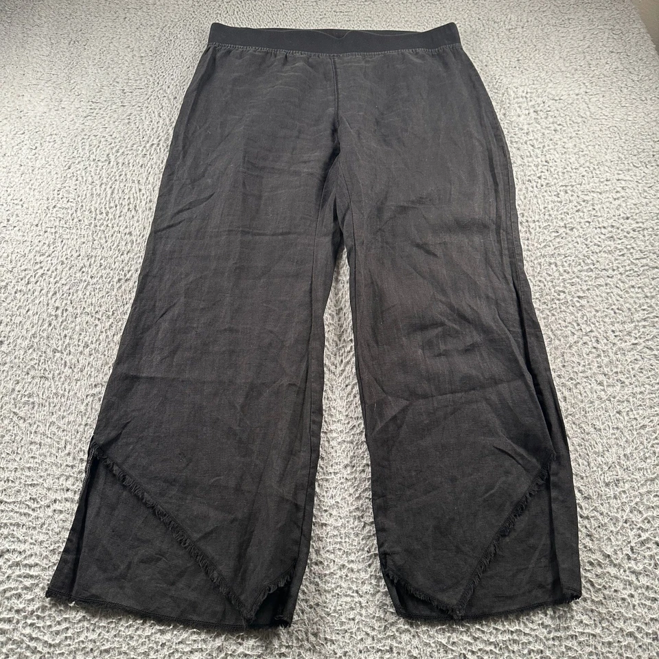 XCVI Pants Womens M Linen Wide Leg Elastic Waist Black Frayed Hem Casual - Image 1 of 4