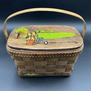 Caro Nan Vintage Golf Scene Wooden Picnic Basket Purse Hand Painted Signed - Picture 1 of 18
