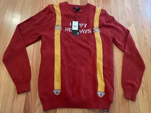Volcom HOPPY HOLIDAYS Faux Light Up Suspenders Ugly Christmas Sweater Size M Tag - Picture 1 of 12