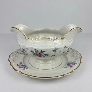 Princess House Sweet Briar Gravy Boat w/ Attached Underplate Pink Roses Gold - Picture 1 of 9