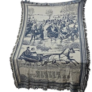 Winter Wonderland Tapestry Throw Blanket Horse Sleigh Scene Fringed Edge - Picture 1 of 11
