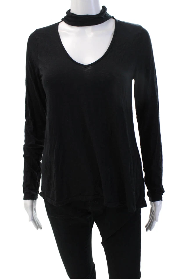 Camiseta básica de terciopelo para mujer negra con cuello en V manga larga talla S Foto 1 de 4