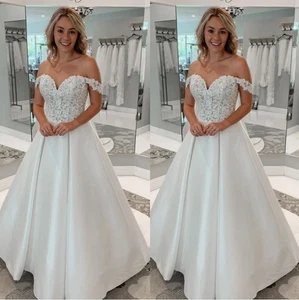 Elegant Wedding Dresses Off The Shoulder Lace A Line Sweep Train Bridal Gown - Picture 1 of 3