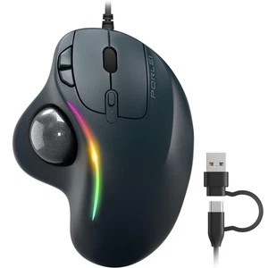 PORLEI USB Wired Trackball Mouse with RGB Lighting Ergonomic Thumb Control - Picture 1 of 7