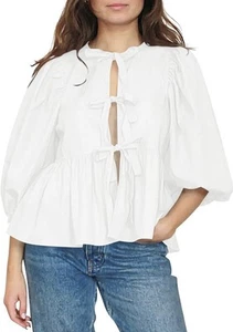 New Women Puff Sleeve Peplum Shirt Bow Tie Front Y2K Blouse White Sz. Small - Picture 1 of 3
