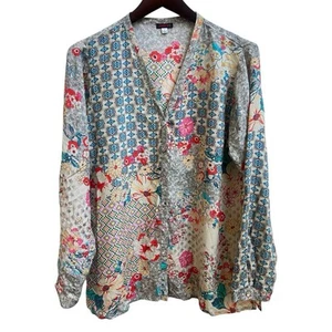 Johnny Was Tunic Blouse Button Down Shirt V Neck Roll Tab Slv Sz S Floral Boho - Picture 1 of 8