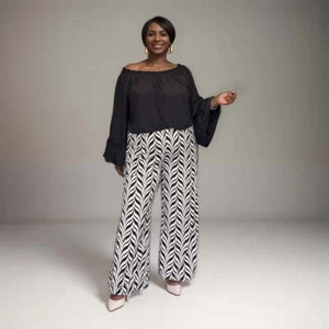 PANTALONES DE MUJER SEÑORA PALAZZO TALLA GRANDE ESTAMPADO ESPINA DE ARENQUE CINTURA ELÁSTICA ANCHA LE - Imagen 1 de 5