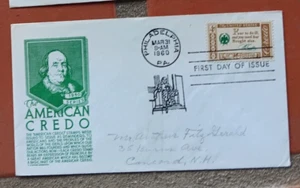BENJAMIN FRANKLIN CREDO 1960 GREEN ANDERSON CACHET FDC FEAR TO DO ILL PENCIL ADD - Picture 1 of 1