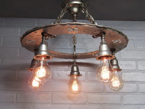 Vintage Antique Craftsman Nickel Plated Bronze Chandelier Restored 17 1/2" L Cover