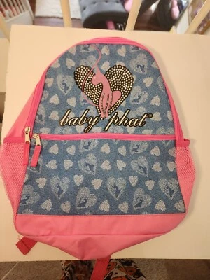 Mochila Baby Phat Bolso para Libros Rosa Estrás Corazón Azul Jean Talla Mediana  Foto 1 de 4