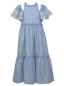 NEW Bonnie Jean Girls Size 10 "BLUE EMBROIDERED" Cold-Shoulder Maxi Dress NWT