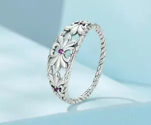 Platinum 925 Sterling Silver Vintage Iris Flower Twist Band Ring - Picture 1 of 5