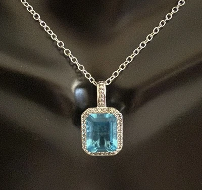 Signed MC Solid 925 Sterling Silver Blue Clear CZ Pendant With SS Plate Chain - Image 1 of 4