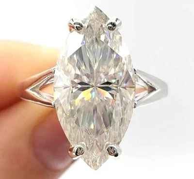 7.00 克拉侯爵夫人切割实验室种植钻石独粒结婚戒指 14k 白金 — 第 1/4 张图片