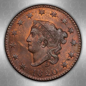 1820 Large Date 1c CACG MS 64 RB - Picture 1 of 3
