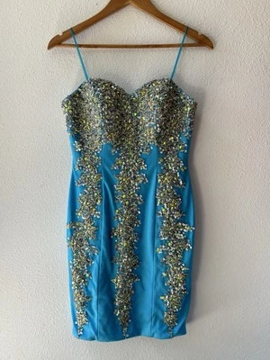 Jovani Turquoise Blue & Silver Rhinestoned Mini Dress 4 S Formal - Image 1 of 4