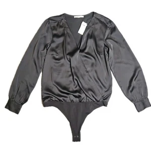 Abercrombie & Fitch Satin Bodysuit Blouse Long Sleeve V Neck Black Sz Large NWT - Picture 1 of 5