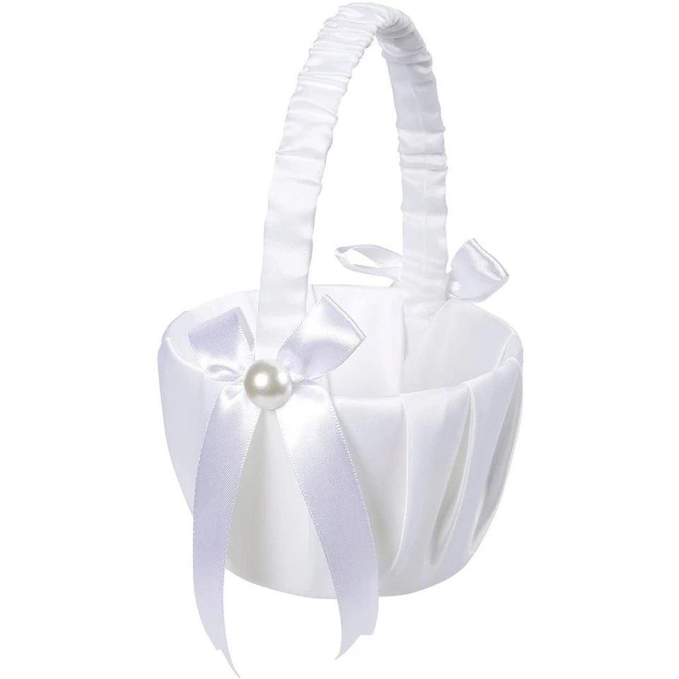 Juvale Flower Girl Satin Wedding Basket White 8 .5 Inches