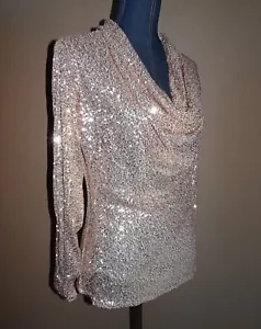Top Boston Proper oro rosa all over paillettes collo cappuccio foderato rete taglia M nuovo con etichette - Foto 1 di 5