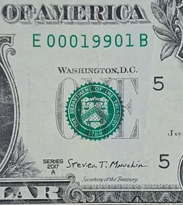2017 A $1 bill fancy serial, trinary zip code note 19901 Dover, DE - Picture 1 of 3
