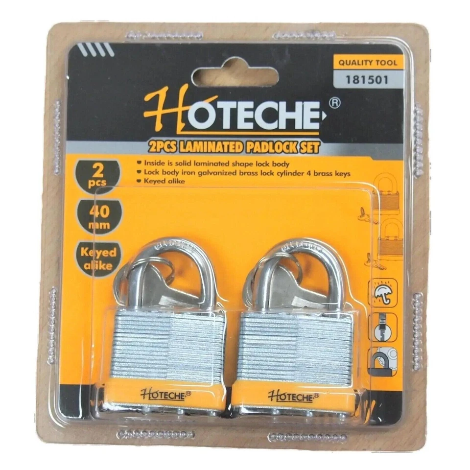 2 Pack Laminated Steel Padlock 40mm Keyed Alike Brass Cylinder 4 keys - Image 1 of 1