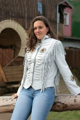 Women American Native Western Style Suede Leather Jacket Fringes & Bead Work - Image 1 of 4