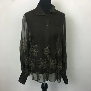 W by Worth Women's Brown Sheer Embroidered Long Sleeve Button Up Blouse - Size S - Picture 1 of 5