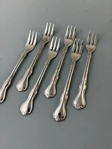 Set of 6 Cambridge JESSICA Cocktail Forks Stainless Glossy Edge Scrolls - Picture 1 of 3