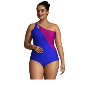 Lands' End NWT One Shoulder Colorblock Swimsuit Violet Rose Ombre Size 12 - Picture 1 of 6