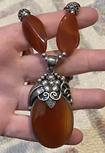 Chunky Merav Indonesia Sterling Silver Carnelian Gemstone Necklace & Pendant - Picture 1 of 11