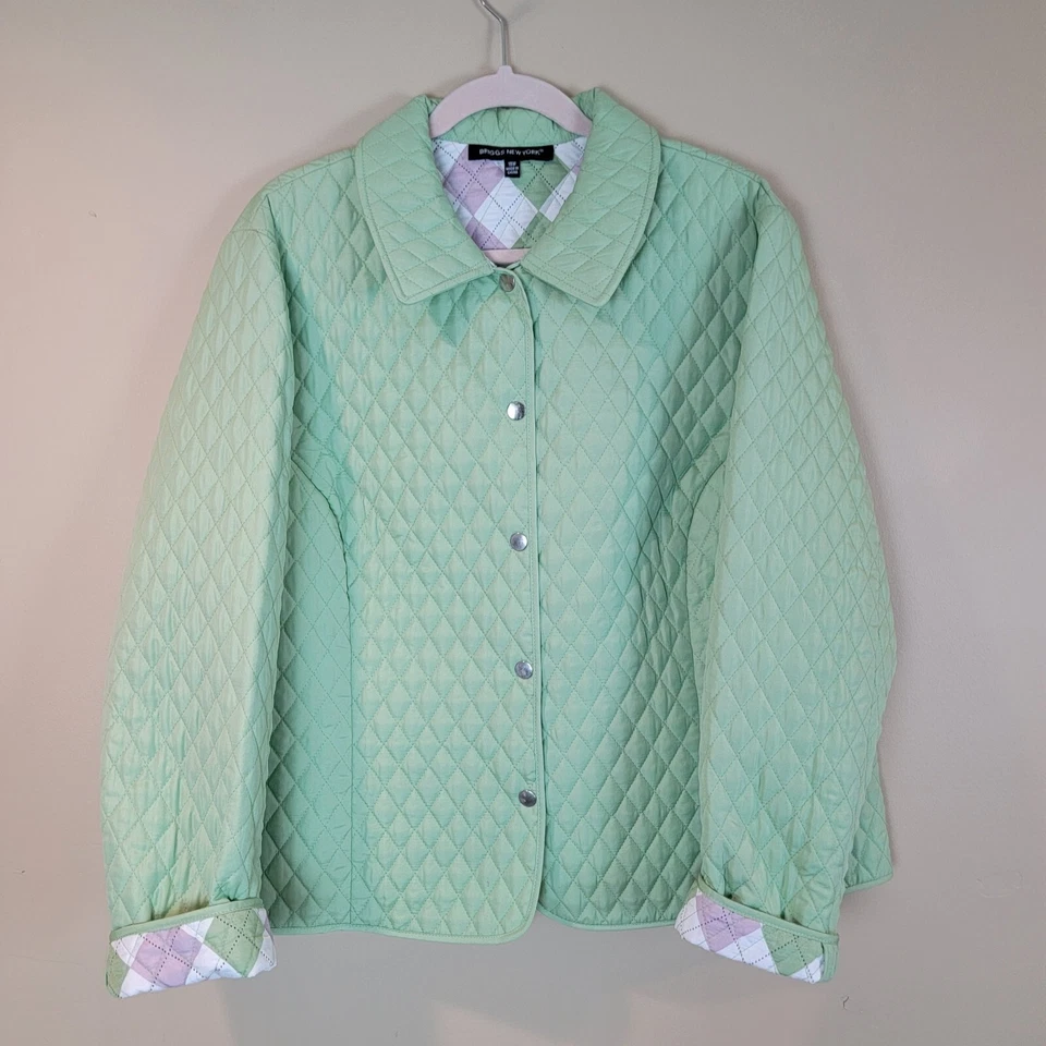 Chaqueta acolchada Briggs New York para mujer 18W verde cuello frontal a presión ligera Foto 1 de 4
