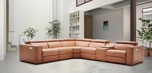 J&M Furniture Picasso Carmel Top Grain Leather Motion Sectional Sofa, 6 Pieces - Picture 1 of 6