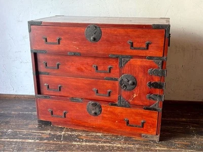 Baú japonês antigo Tansu Dansu cofre de armazenamento madeira feito à mão era Edo - Imagem 1 de 4