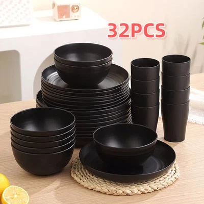 Black 32 Piece Dinnerware Set Kitchen Dining Set Mugs Bowls Plates UK - Image 1 of 4
