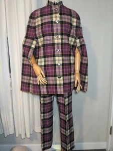 Vintage 60s Mod Plaid Cape & Pant Set Purple Black SZ Small Pants One Size Cape - Picture 1 of 15