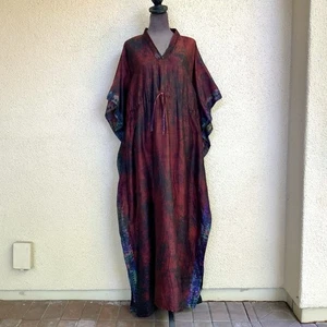 100% Pure Silk Kaftan Adire Dress Tie Dye One Size Fit All Red Black Satin Boho - Picture 1 of 21