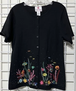 Quacker Factory Sweater Black Embroidered Bead Sequin Under The Sea Fish Medium - Picture 1 of 6