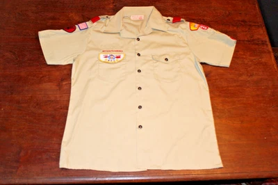 美国童子军 BSA 男式衬衫棕褐色大号缝制补丁短袖 — 第 1/4 张图片