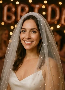 Bachelorette Party Veil - Perfect Length with Faux Pearls - 42" by 32" - Picture 1 of 7