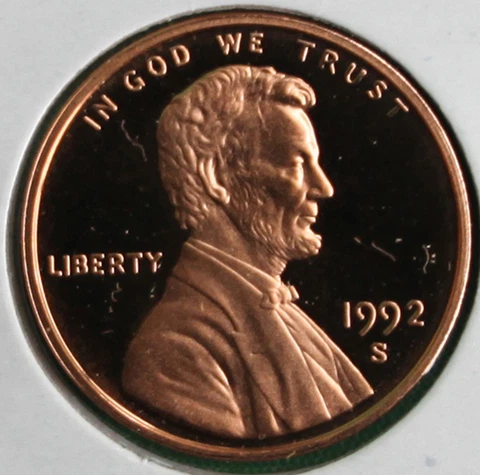 1992 S Lincoln Penny One-Cent Proof U.S. Mint Coin 1c from Proof Set Cover