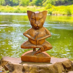 12” Wooden 3D Cat In Yoga Pose Statue Sculpture 12x7.5” - Picture 1 of 11
