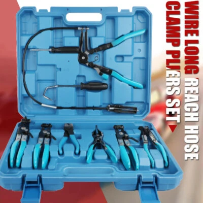 Automotive Flexible Hose Clamp Clip Pliers Set Swivel Jaw Flat Angled Band Kit - Image 1 of 4