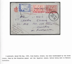 Griechenland 1945 zensierte Postkarte nach Westaustralien mit Palästina & Ägypten Zensur - Bild 1 von 4