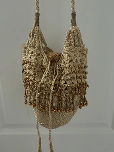 ZARA medium Beaded Metallic Thread drawstring Bucket Bag NWT - Picture 1 of 10