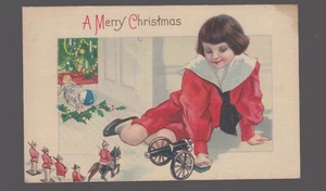 POST CARD christmas boy with lead soldiers and cannon - Picture 1 of 1