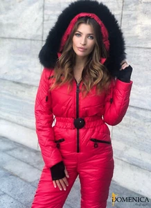 Women Winter Waterproof Ski Snowboard Sport Wear Suit Hooded Fox Fur Jumpsuit - Picture 1 of 12