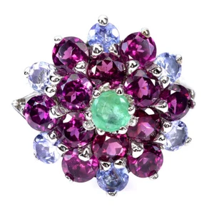 925 Sterling Silver Ring Round Emerald 5mm Rhodolite Tanzanite Gemstone Size 8. - Picture 1 of 14
