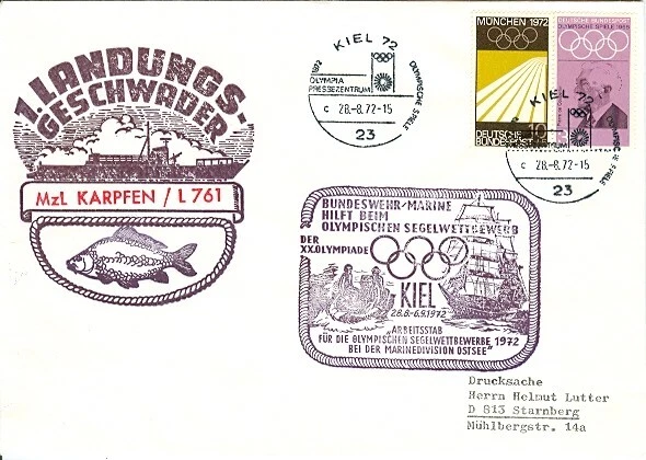 Germany Olympic Games Munich 1972 cover Kiel shippost MzL KARPFEN / L 761 - Image 1 of 1