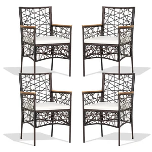 Set of 4 Patio Dining Chairs Outdoor Bistro Armchairs with Acacia Wood Armrest - Picture 1 of 8